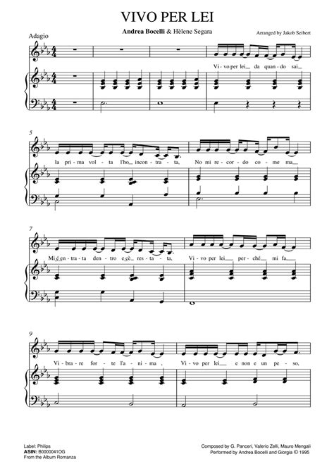 Partitura para piano de Vivo Per Lei de Andrea Bocelli | Partituras de piano | Sheet music for piano