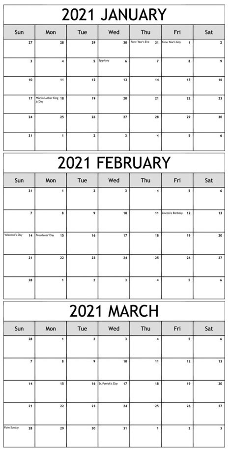 January February March 2021 Calendar Printable PDF Word Excel