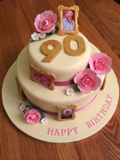 90th Birthday Cake with Gold Photo Frames and Pink Roses. | My Cake Creations | Pinterest | 90th ...