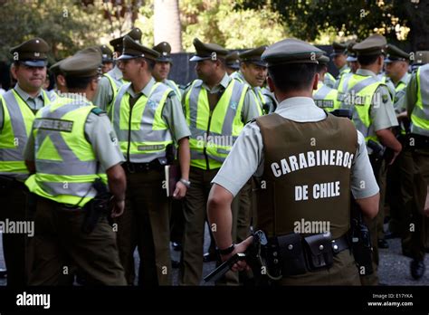 group of carabineros de chile national police officers in downtown ...