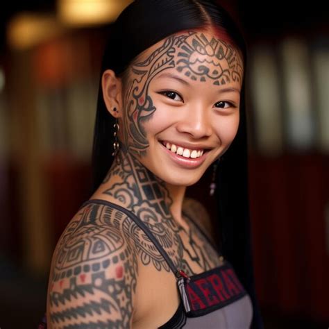 Premium Photo | Hyperreal Tribal Tattoo Girl with an Enchanting Smile Captivating Fusion of ...