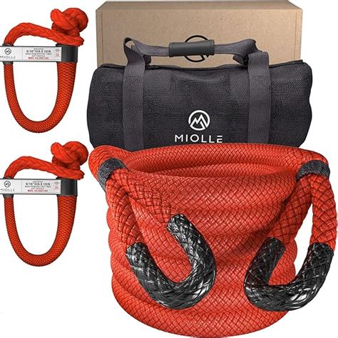 Miolle Heavy Duty Kinetic Recovery Tow Rope 1-1/4" x 30', Red (53000 lbs) with 2 Soft Shackle ...