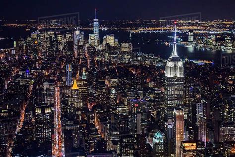 New York City Manhattan Aerial view of illuminated skyline at night # ...