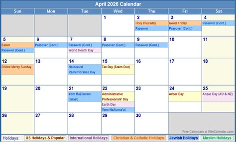 April 2026 Calendar with Holidays - as Picture