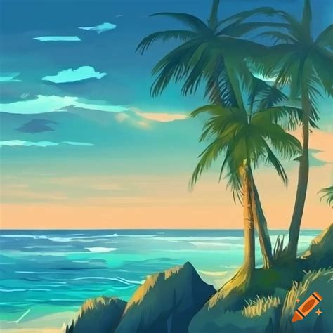 Anime-style beach landscape with palm trees on Craiyon