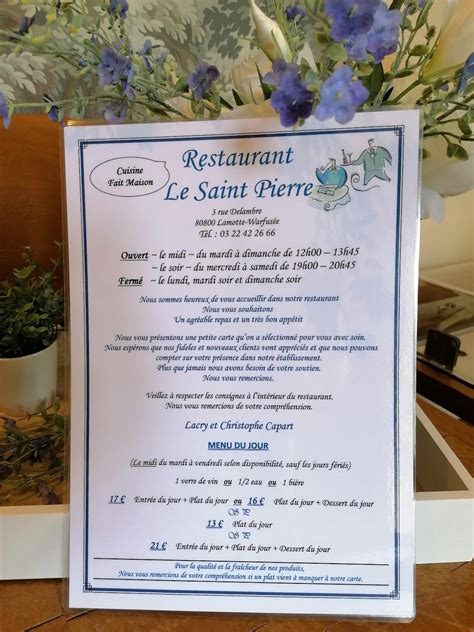 Menu au Le Saint Pierre restaurant, Lamotte-Warfusée