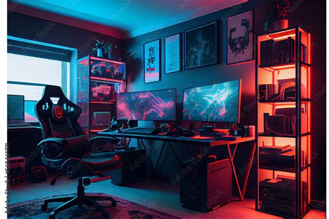 Interior of a cyberpunk colorful streaming and gaming studio for streamers | Gaming studio with ...