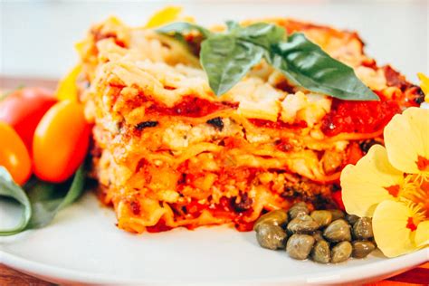 Vegan Lasagne recipe with roasted vegetables, ricotta, & red sauce.