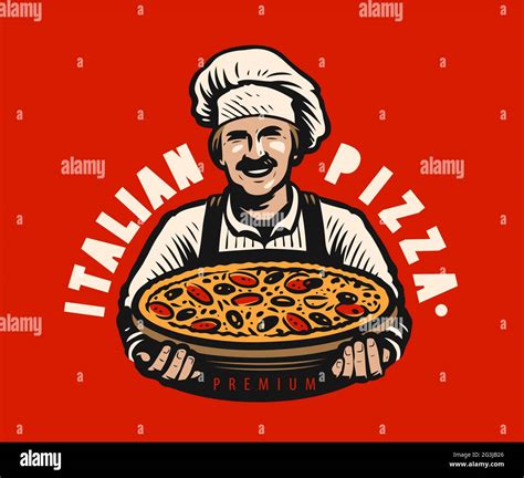 Chef with italian freshly baked pizza. Restaurant logo vector illustration Stock Vector Image ...