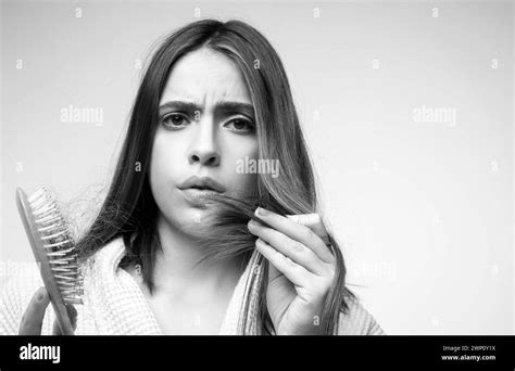 Hair loss. Woman is upset of hair loss. Portrait of sad girl with ...