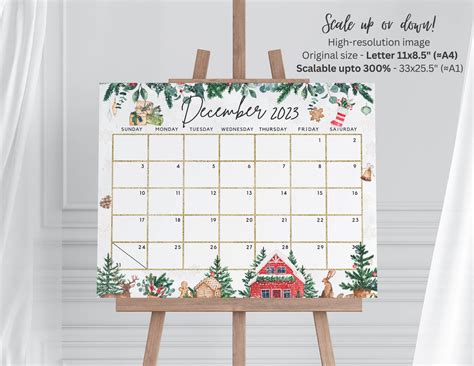 December 2023 Calendar, Beautiful Winter Scene with Leaves & Snow, Whi – Visley Printables