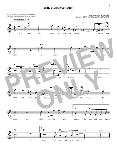 Shine On, Harvest Moon by Nora Bayes Sheet Music for Easy Lead Sheet ...