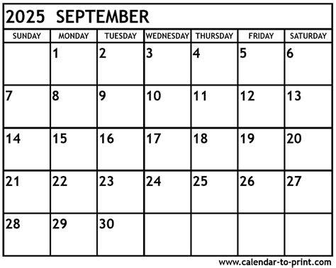 September 2025 Calendar Printable