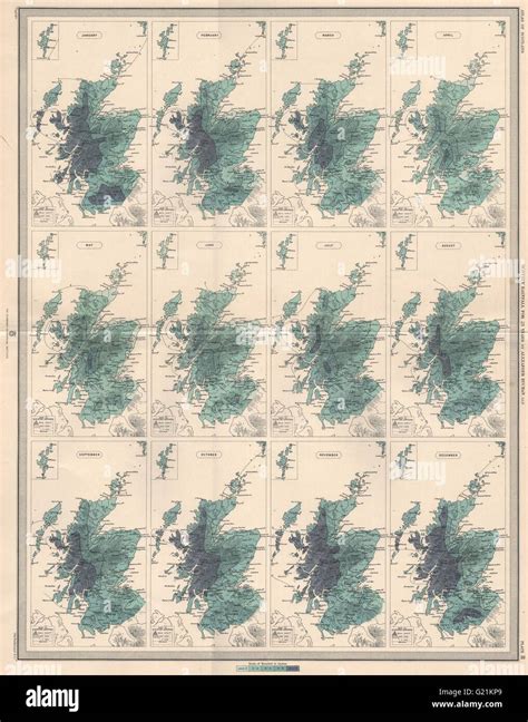 SCOTLAND average monthly rainfall for 25 years by Alexander Buchan, 1912 map Stock Photo - Alamy