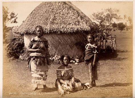 Nuku'alofa, Tonga: three Tongan women in front of a traditional hut ...