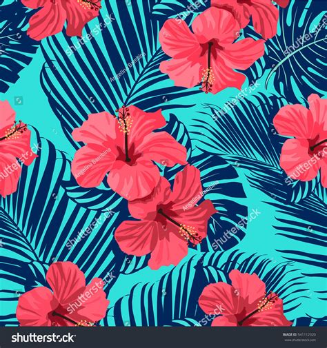 Tropical flowers and palm leaves on background. Seamless pattern ...