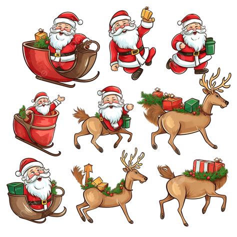 Cartoon Christmas Illustrations Set Funny Happy Santa Claus And Raindeer On The Sleigh Bag, Cute ...