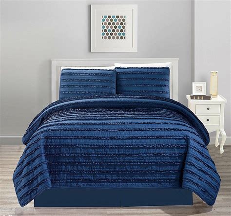 Queen Cal King Size Bed Navy Blue Stripe Ruffled 4 pc Quilt Set ...