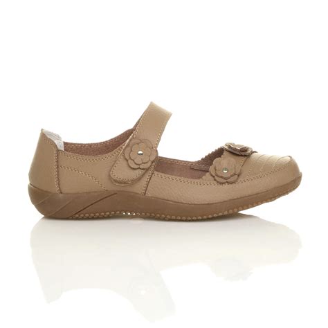 WOMENS LADIES FLAT MARY JANE COMFORT PADDED HOOK&LOOP LEATHER SHOES ...