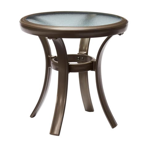 Hampton Bay Commercial Grade Aluminum Brown Round Outdoor Side Table Accent With Storage Mix And ...