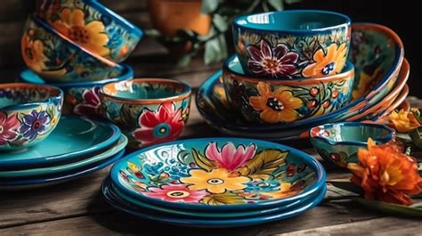 Premium AI Image | Colorful dinnerware set with floral pattern AI generated