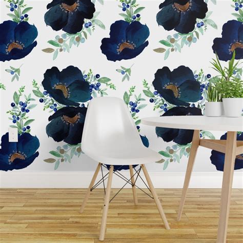 Pre-Pasted Wallpaper 2FT Wide Blueberry Blue Purple Gold Floral Flowers ...