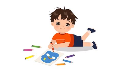 Premium Vector | Cute boy drawing on the floor with pencil colors Flat cartoon design isolated ...