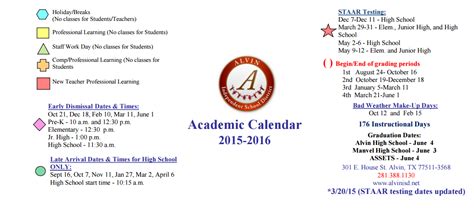 Assets - School District Instructional Calendar - Alvin Isd - 2015-2016