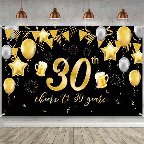 Buy 30th Birthday Banner, Black Gold Mens 30th Anniversary Backdrop Party Decorations, Large ...