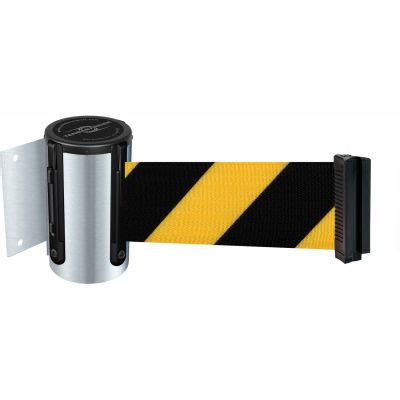 Tensabarrier® Wall Mount Retractable Belt Barrier, Satin Chrome Case W/13' Black/Yellow Belt ...