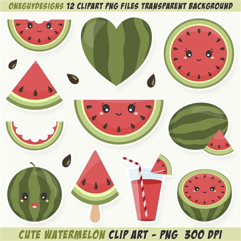 Cute Watermelon Clipart. Watermelon Clip Art. Instant Download PNG File 300 DPI. (Instant ...