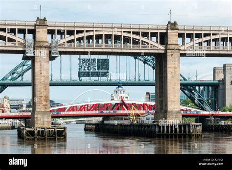 The High Level, Tyne and Swing bridges over the river Tyne, Newcastle-Gateshead, Tyne and Wear ...