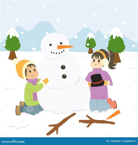 Happy Kids Building a Snowman Cartoon Vector Stock Vector ...