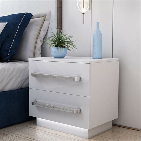 WOODYHOME Modern High Gloss LED Nightstand, 2 Drawers Bedside End Table ...