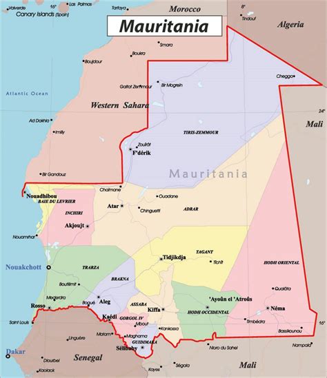 Detailed political and administrative map of Mauritania with roads and ...