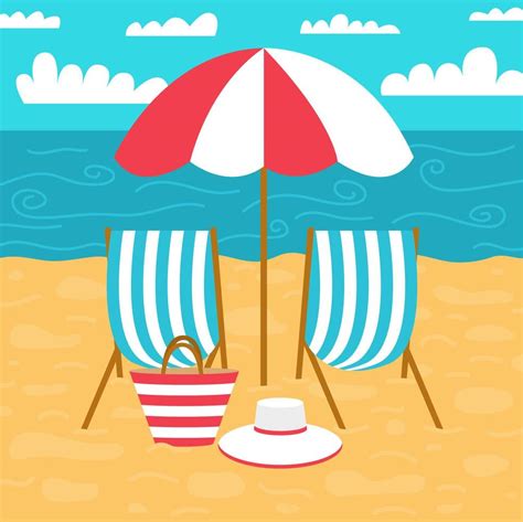 Sunny beach vector landscape illustration. Flat style summer beach with ...