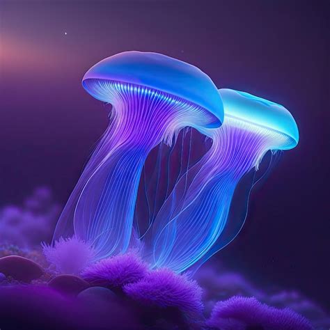 Premium AI Image | Bioluminescent jellyfish glowing purple and blue in the ocean