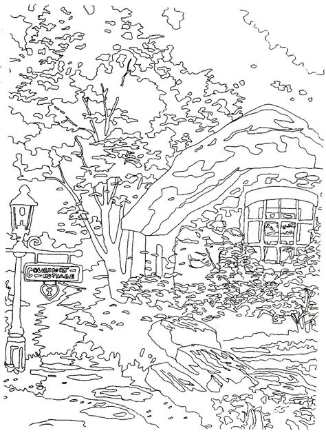 a black and white drawing of a house in the woods with trees, bushes and flowers