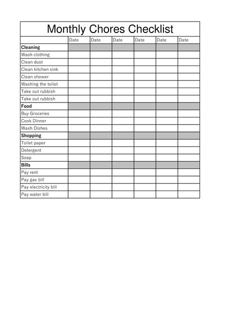 Monthly Chore Checklist Template