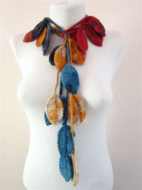 Colorful Crochet Scarf, Crocheted Leaf Scarves, Long Lariat Jewelry, Leaves Necklace, Autumn ...