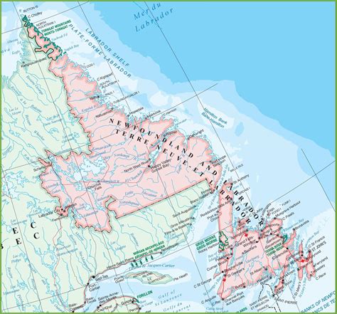 Large detailed map of Newfoundland and Labrador with cities and towns