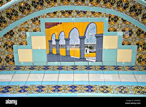 Talavera tiles decorating the benches of the main Plaza de Armas ...