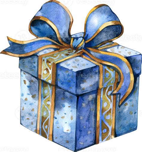 Watercolor Christmas blue gift box with gold ribbon. Satin bow on birthday present. Big craft ...