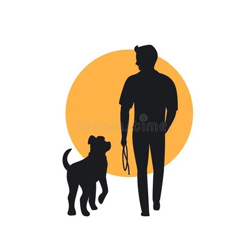 a man walking his dog in front of the sun with an orange circle behind him