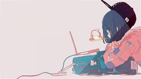 Wallpaper : manga, anime girls, simple background, minimalism, laptop, brunette 1920x1080 ...