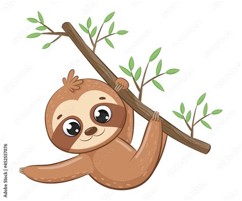 Cute sloth hanging on a tree branch.Cartoon vector illustration. Stock Vector | Adobe Stock