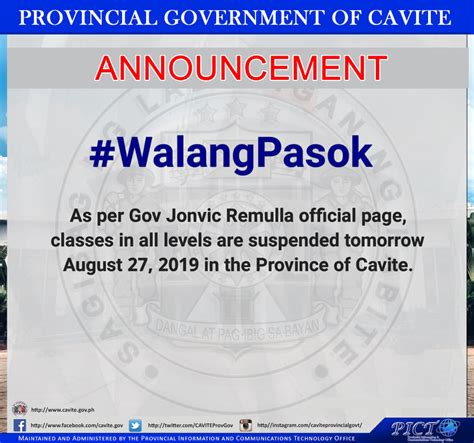 Walang Pasok – August 27, 2019 | Cavite