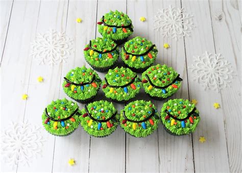 Christmas Tree Cupcakes with string of lights sprinkles easy to decorate