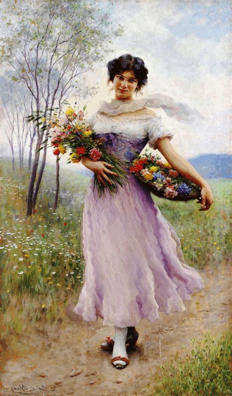 a painting of a woman holding flowers in her hands and walking down a dirt road