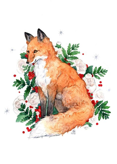 a watercolor painting of a red fox surrounded by holly and white flowers on a white background